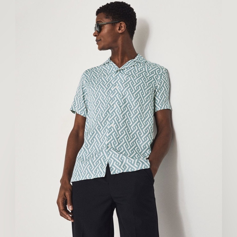 105 REISS Men’s Uptown Printed Cuban Collar Shirt, Blue, Large